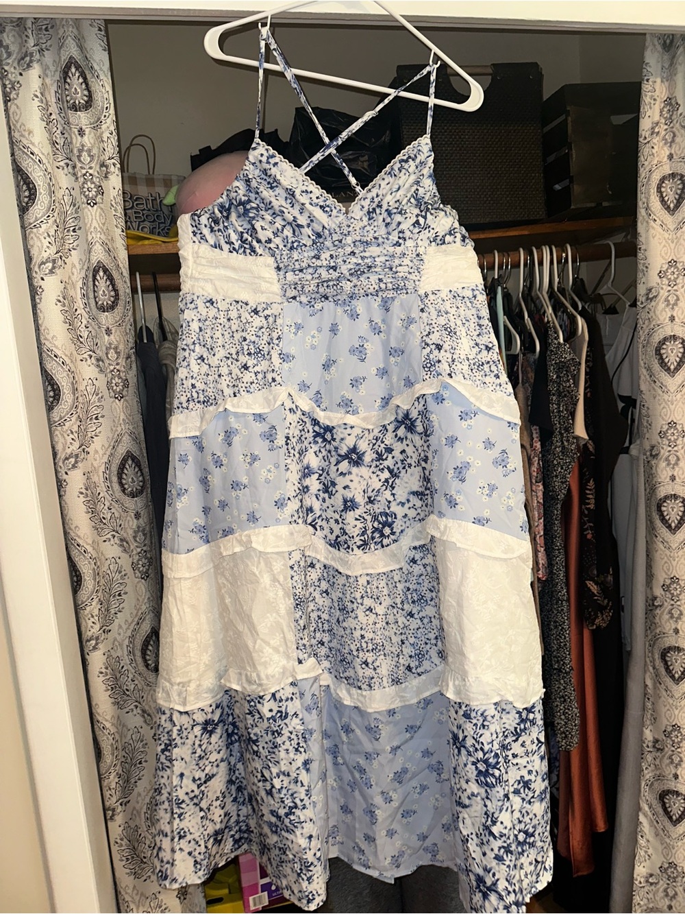 Blue and White Floral Tiered Sundress with Spaghetti Straps